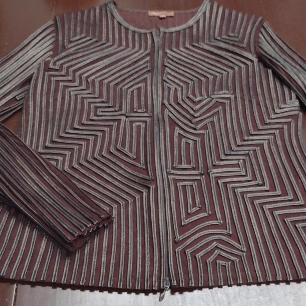 Brown Geometric Pattern Blazer With Textured Fini… - image 8